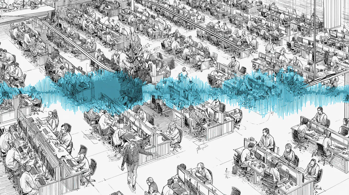 An insurance call center floor plan with one agent's call visualized as a split waveform between genuine and synthetic voice
