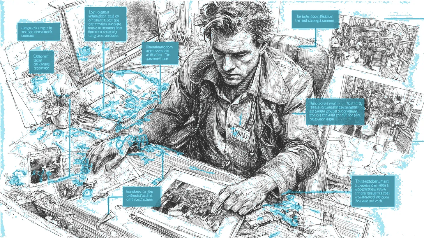 A claims adjuster at their desk surrounded by floating training guide panels showing deepfake types and red flags