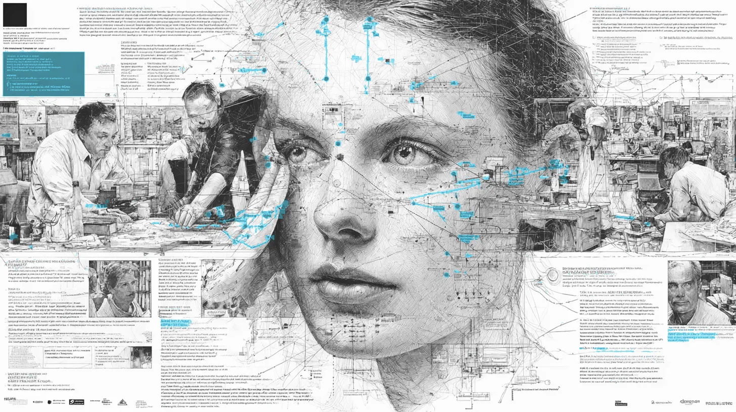 An educational poster with a photograph being peeled back to reveal AI generation processes and annotated panels of deepfake types
