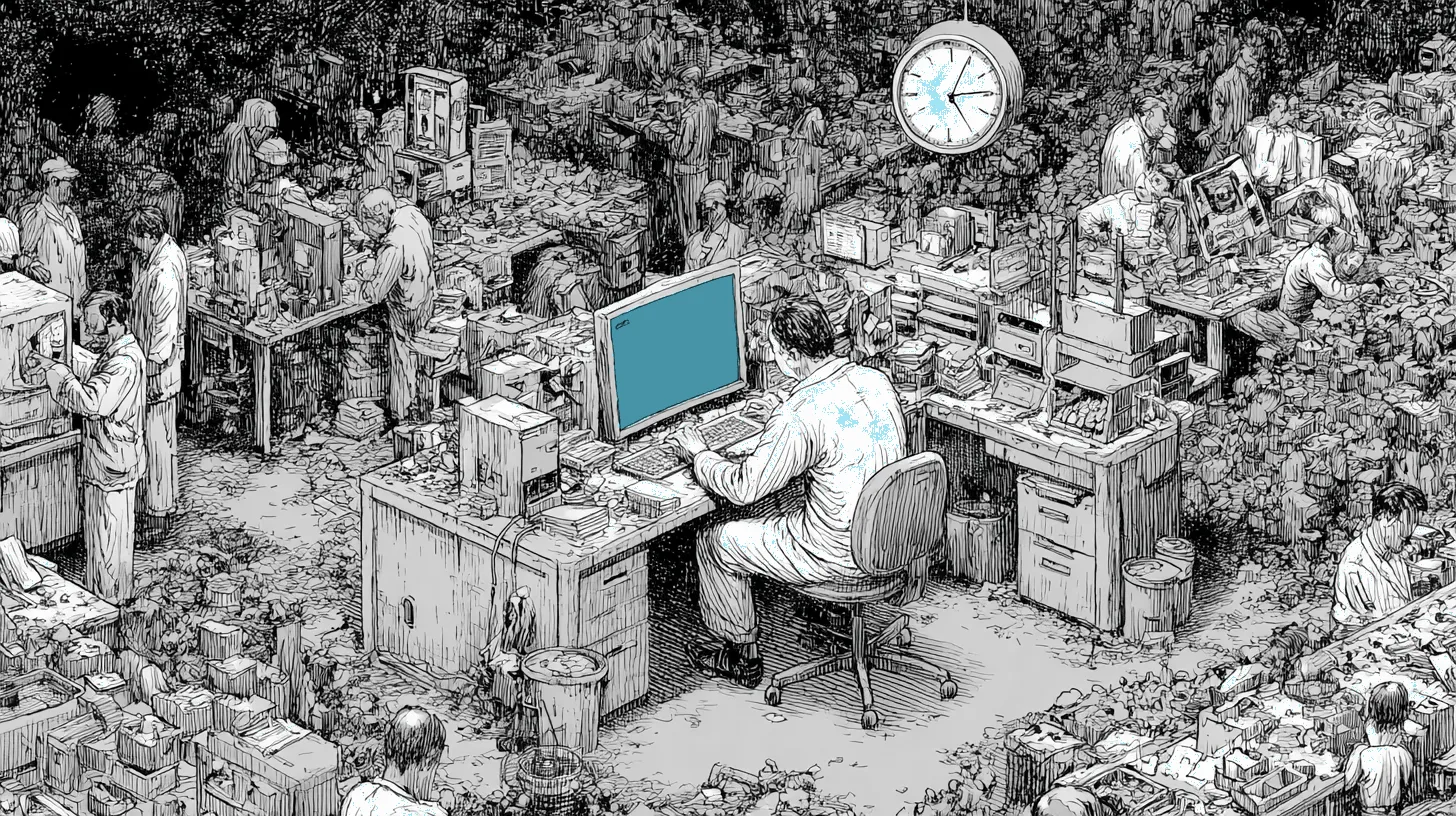 An overwhelmed forensic laboratory processing one claim at a time while a tsunami of incoming claims floods the building