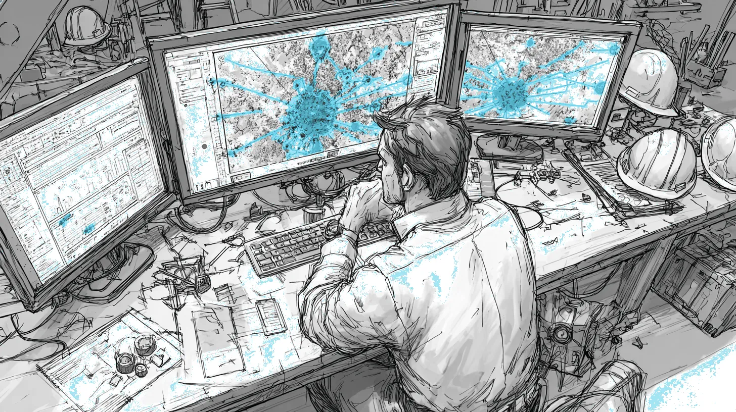 A multi-screen analysis workstation examining a workers' compensation claim with AI highlighting anomalies